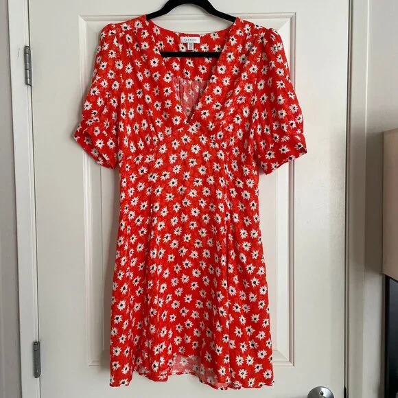 Topshop | Dresses | Topshop Womens Red Floral Aline Dress Size Puff Short  Sleeve Vneck | Poshmark